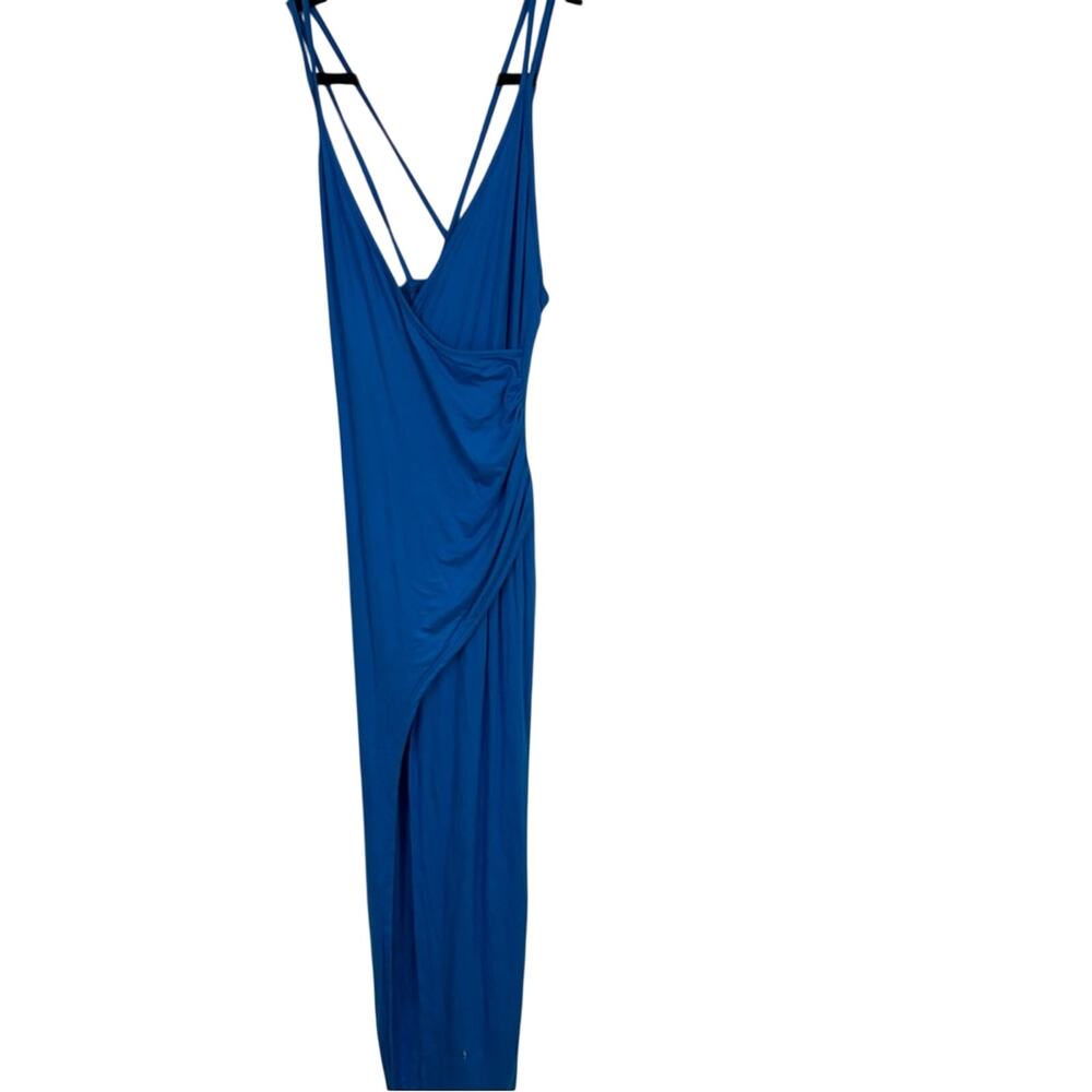 Lulus Blue High Slit Ruched Maxi Dress Women’s M Spaghetti Strap Baddie Bodycon